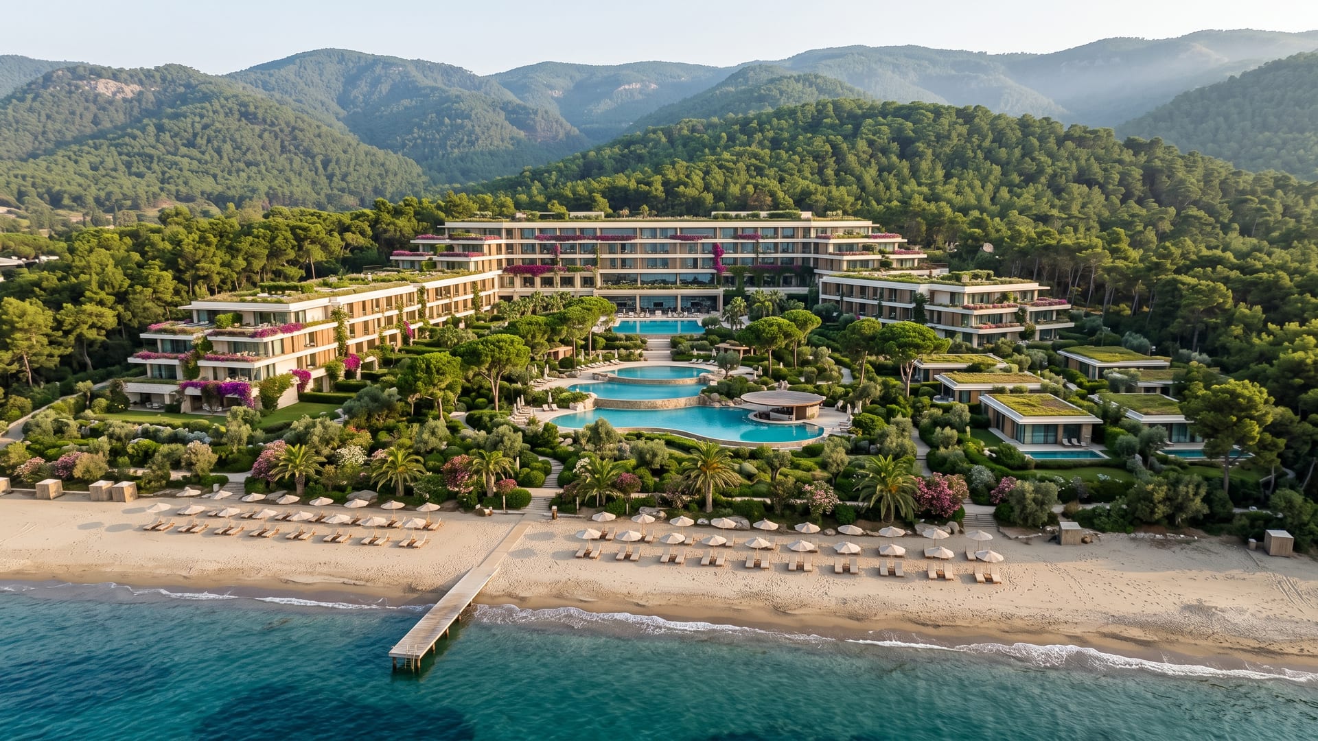 Kumsaldan çam ormanlı yamaca basamaklanan ana bina, havuzlar ve iskele